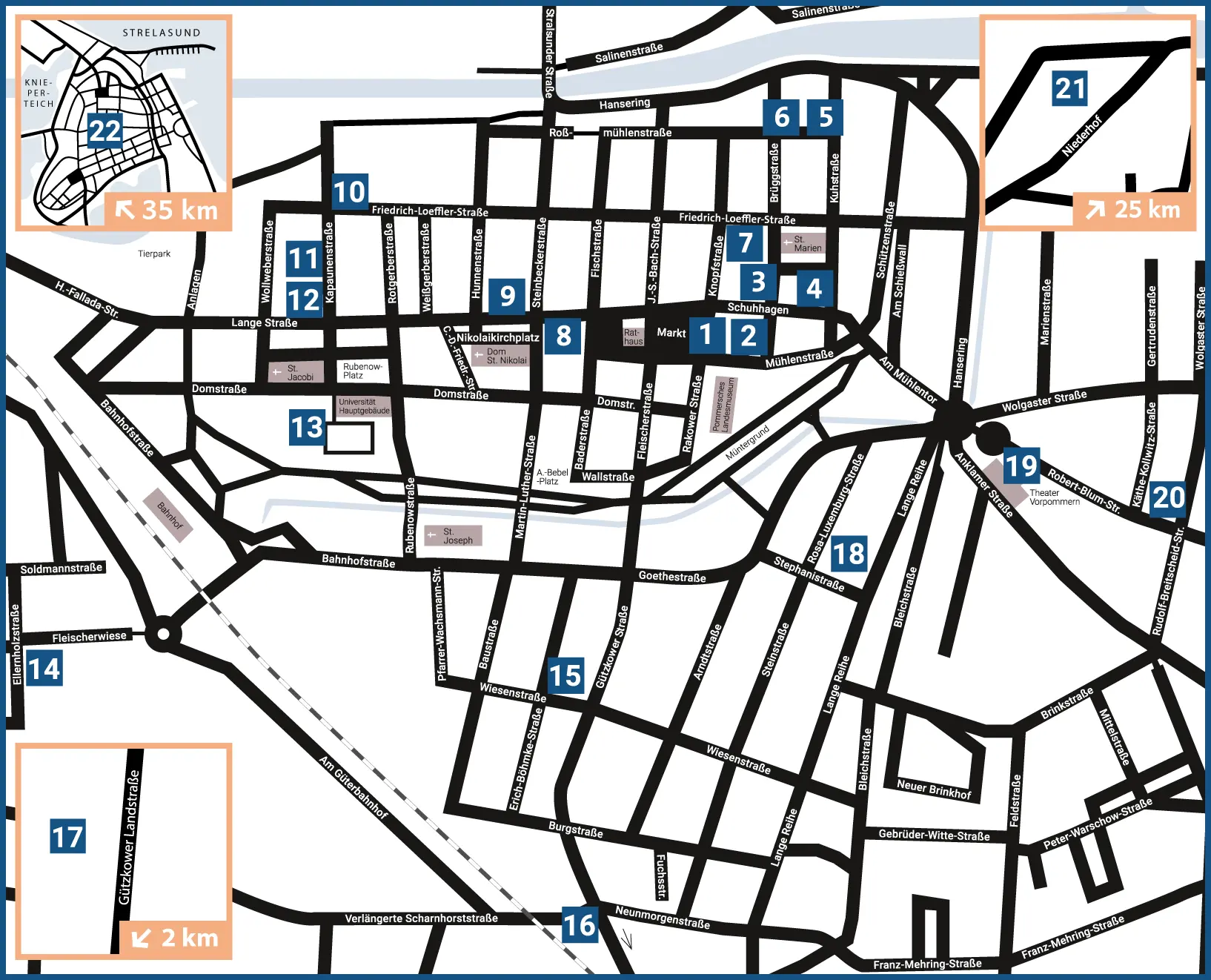 Karte von Greifswald mit markierten Orten jüdischen Lebens